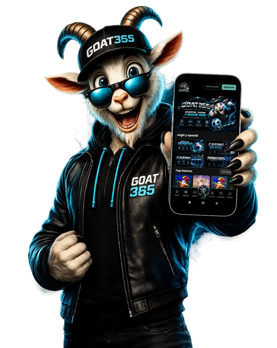 Mascota de Goat365Mx sosteniendo la app
